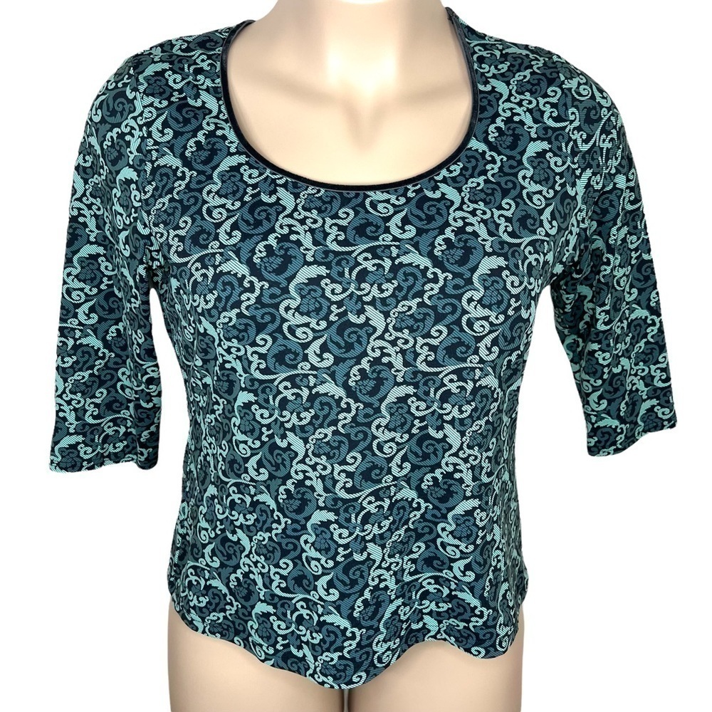 XL Petite Apostrophe Green Jacquard Print Stretch Top Women’s Extra Large Fitted